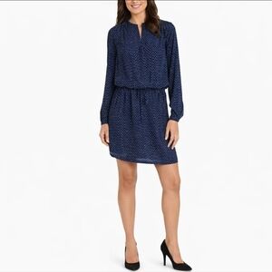 New Navy Dress Cinch Waist Long Sleeve Navy Line Arrow Print Hilary Radley Sz M